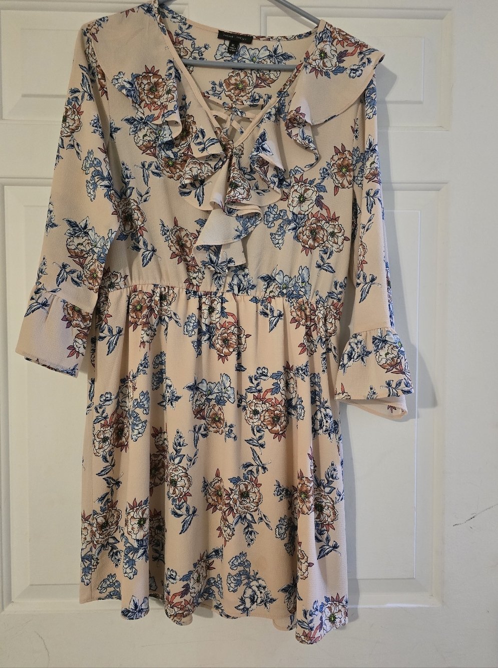 Moa Moa Floral Ruffle V-Neck Dress - Blush with Blue & Brown Print